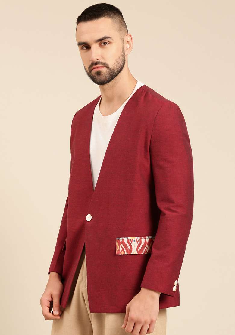 Wine Printed Cotton Blazer For Men - Indya