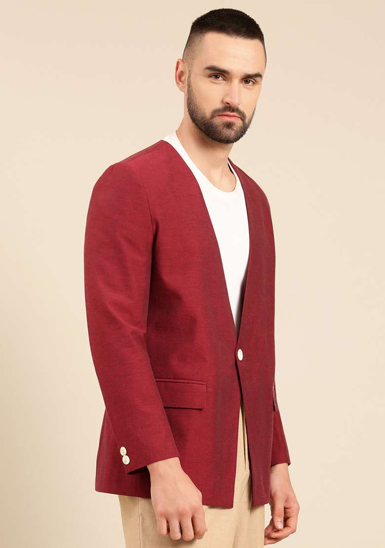 Wine Printed Cotton Blazer For Men - Indya