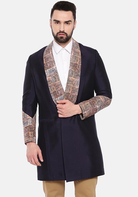 Blue Silk Linen Long Trench Coat For Men
