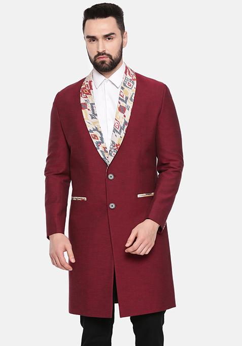 Red Printed Long Trench Coat For Men