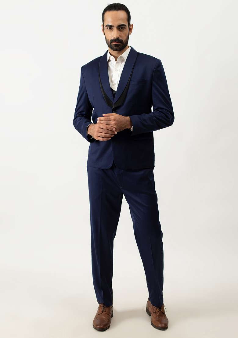 Blue Satin Lapel Three Piece Suit Set For Men - Indya