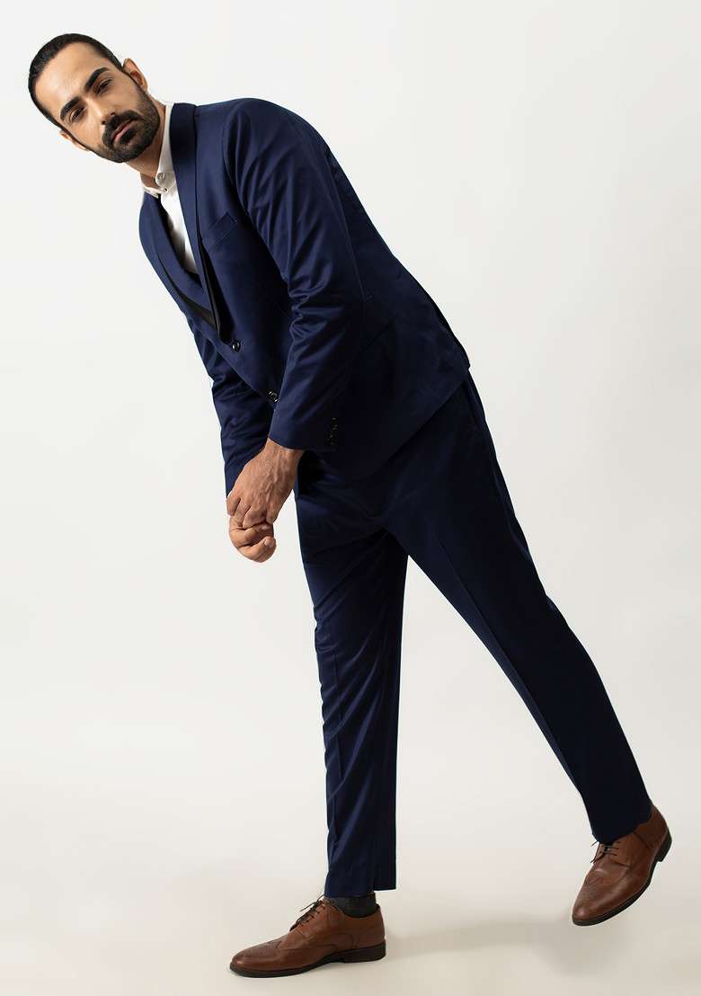 Blue Satin Lapel Three Piece Suit Set For Men - Indya