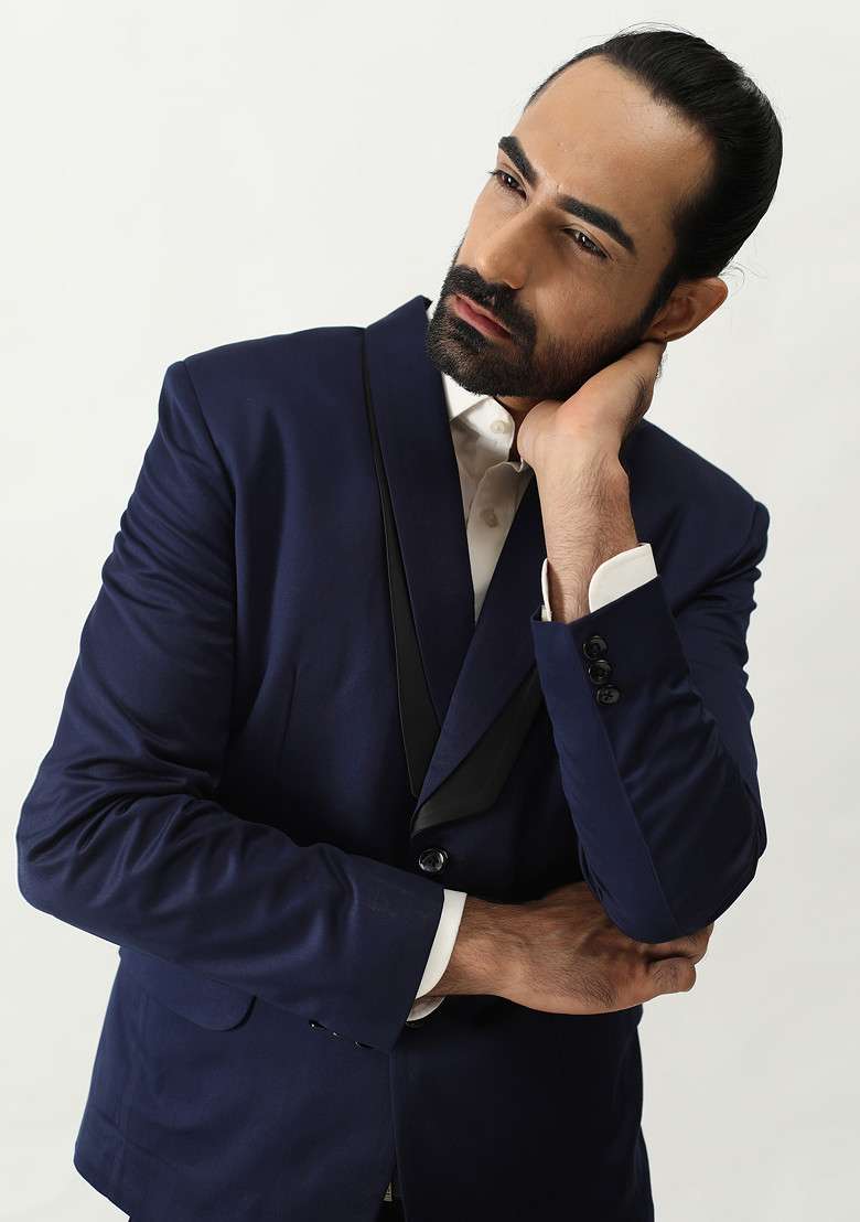 Blue Satin Lapel Three Piece Suit Set For Men - Indya
