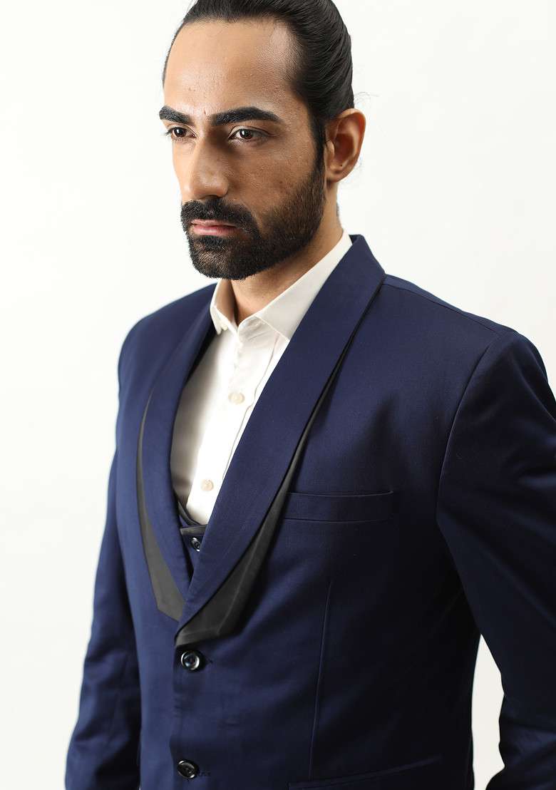 Blue Satin Lapel Three Piece Suit Set For Men - Indya