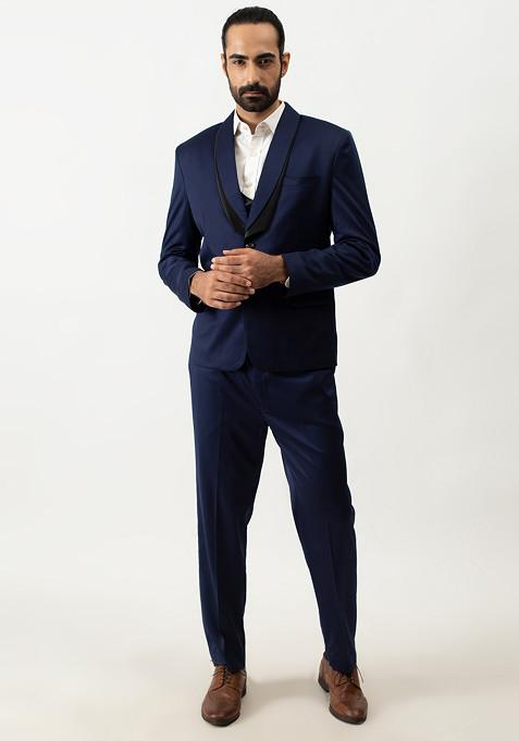 Blue Satin Lapel Three Piece Suit Set For Men