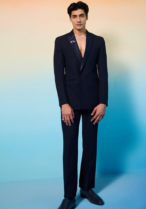 Blue Solid Emastra Suit Set For Men