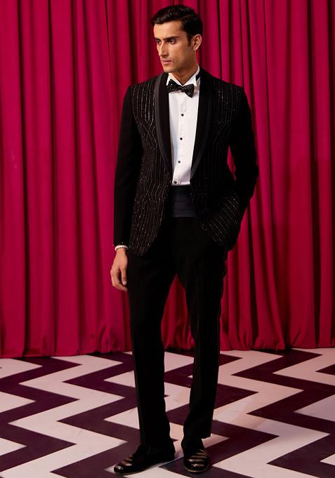 Black Embellished Illusion Tuxedo Set For Men