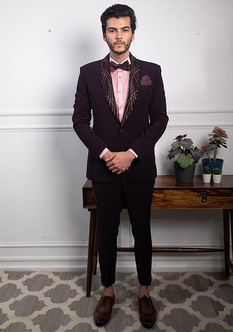 Berry Wine Embroidered Tuxedo Set For Men