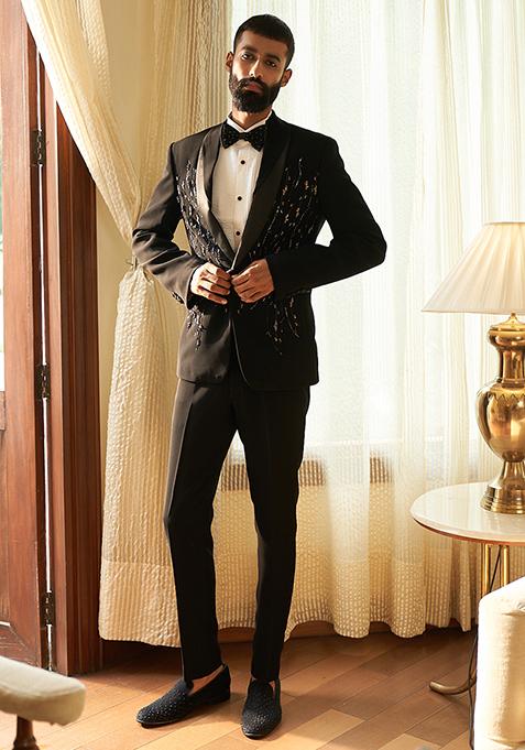 Black Dazzling Embellished Tuxedo Set For Men
