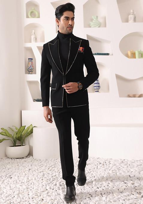 Black Peak Lapel Suit Set For Men