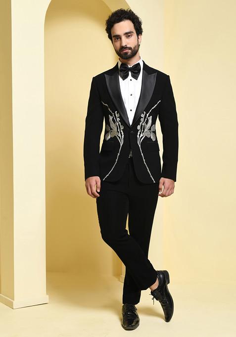 Black Floral Embroidered Tuxedo Set For Men