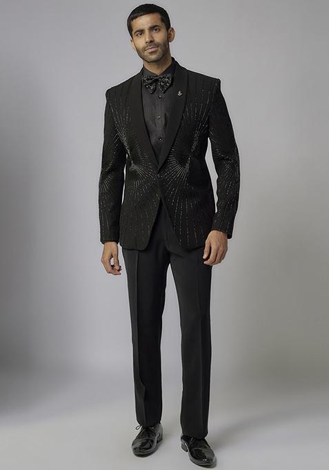 Jet Black Embroidered Tuxedo Set For Men
