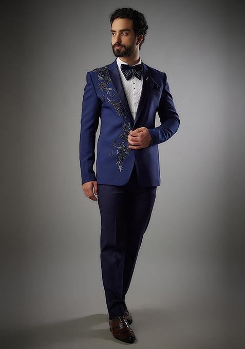 Imperial Blue Hand Embroidered Tuxedo Set For Men
