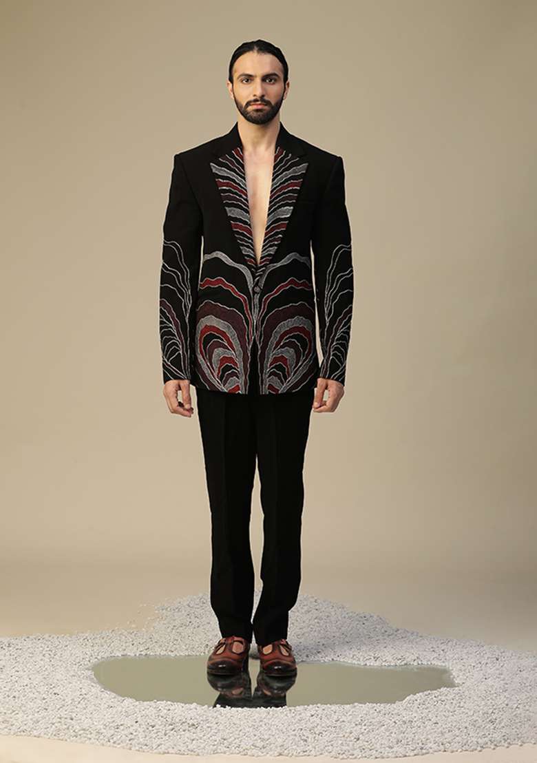 Black Dori Embroidered Suit Set - Indya