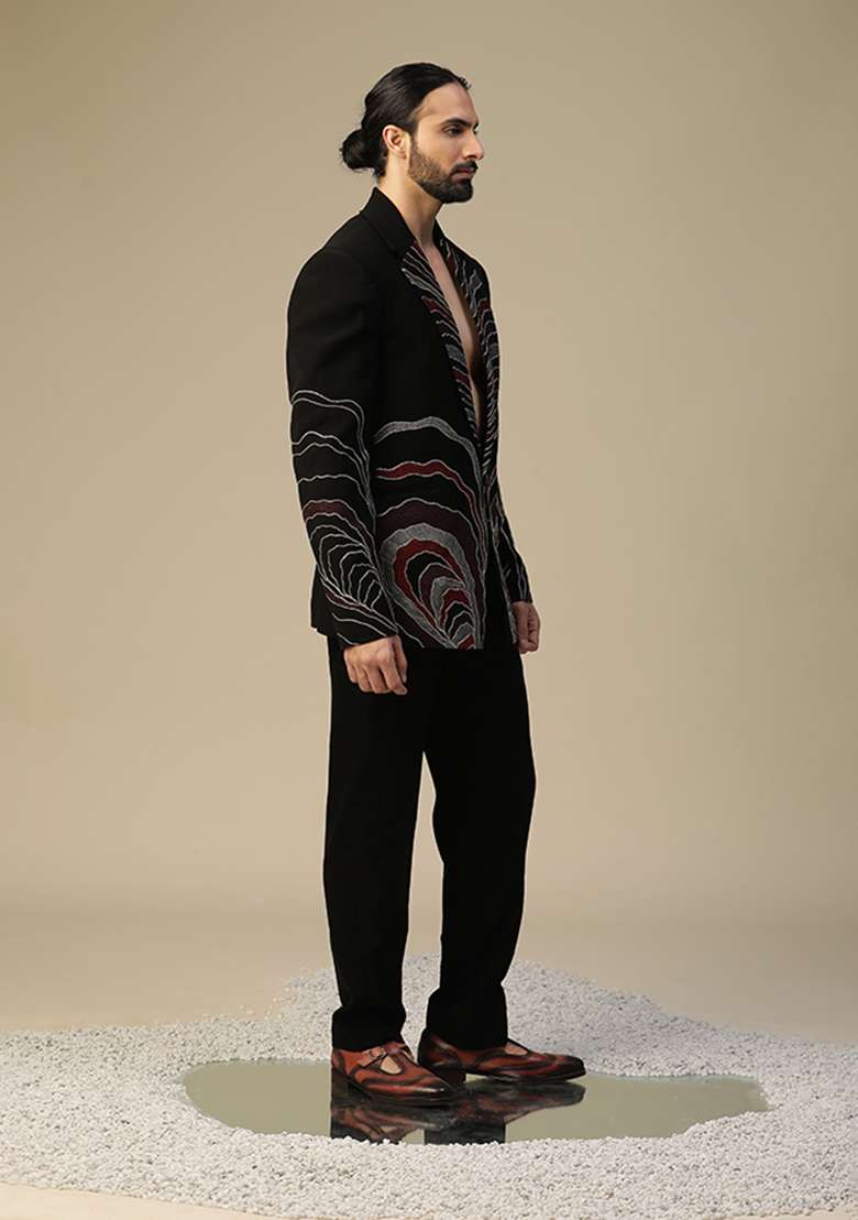 Black Dori Embroidered Suit Set - Indya