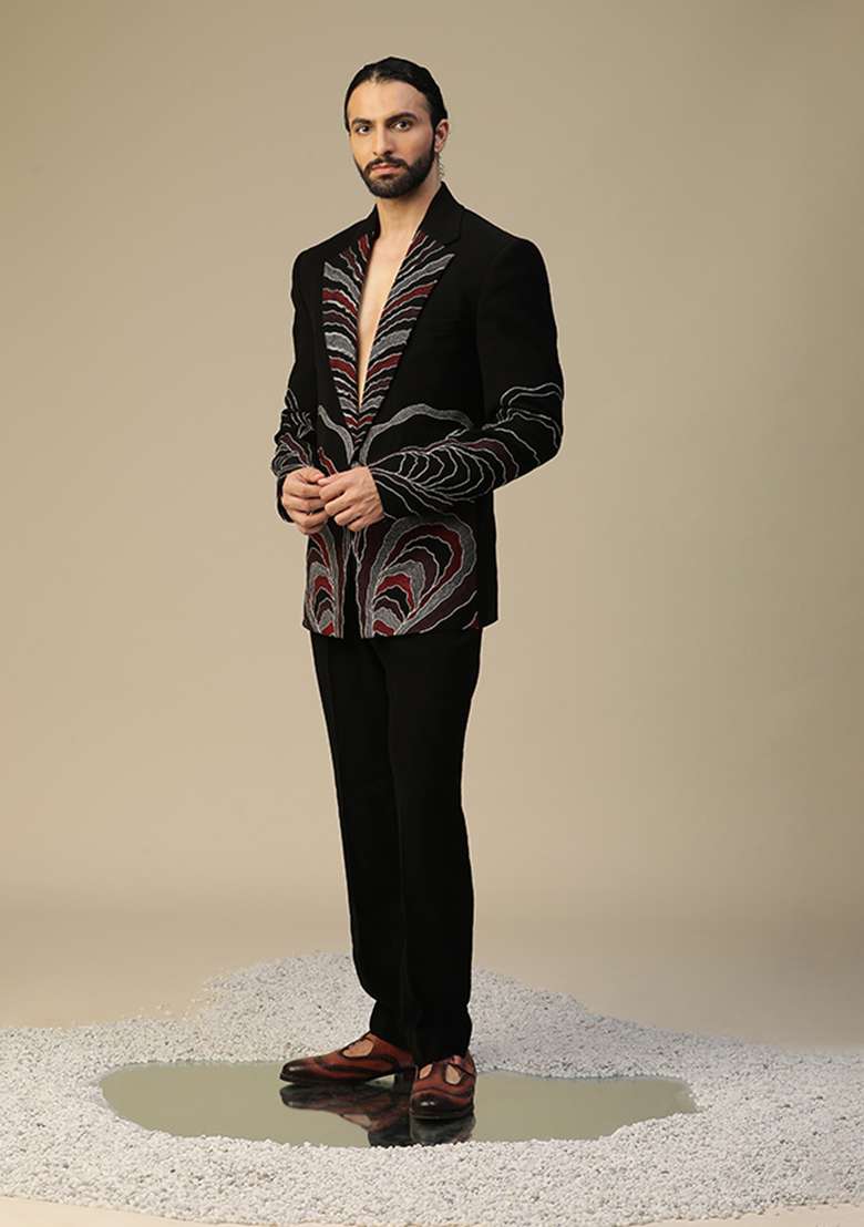 Black Dori Embroidered Suit Set - Indya