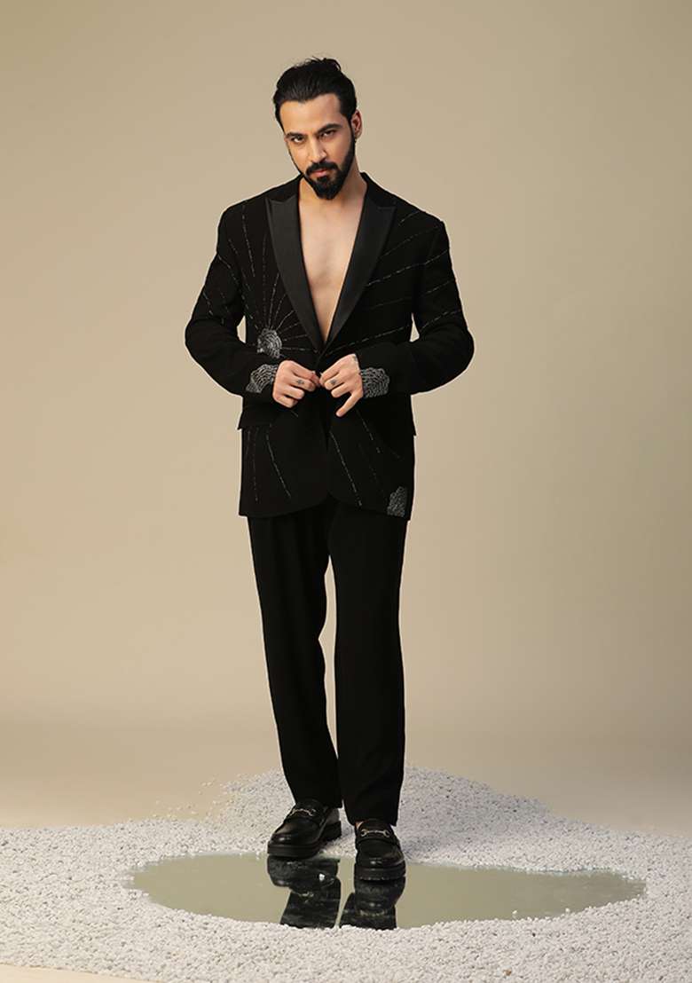 Black Zardozi Embroidered Chandra Suit Set - Indya