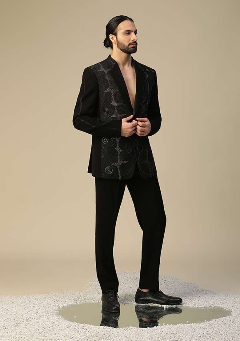 Black Zari Embroidered Suit Set - Indya