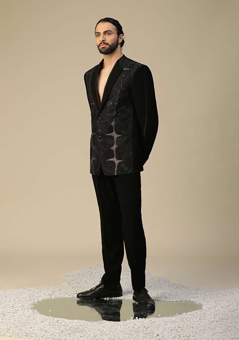 Black Zari Embroidered Suit Set - Indya