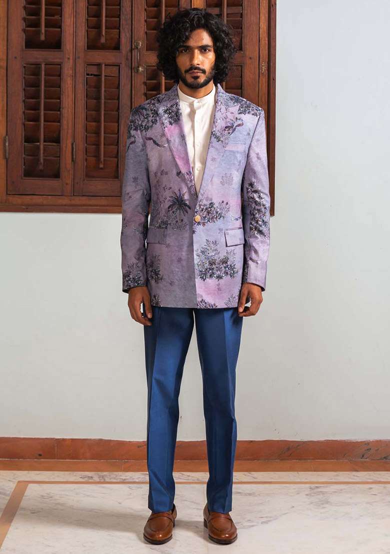 Blue Digital Print Blazer For Men - Indya