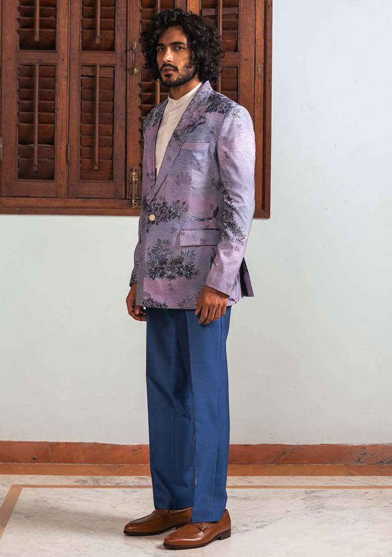 Blue Digital Print Blazer For Men - Indya