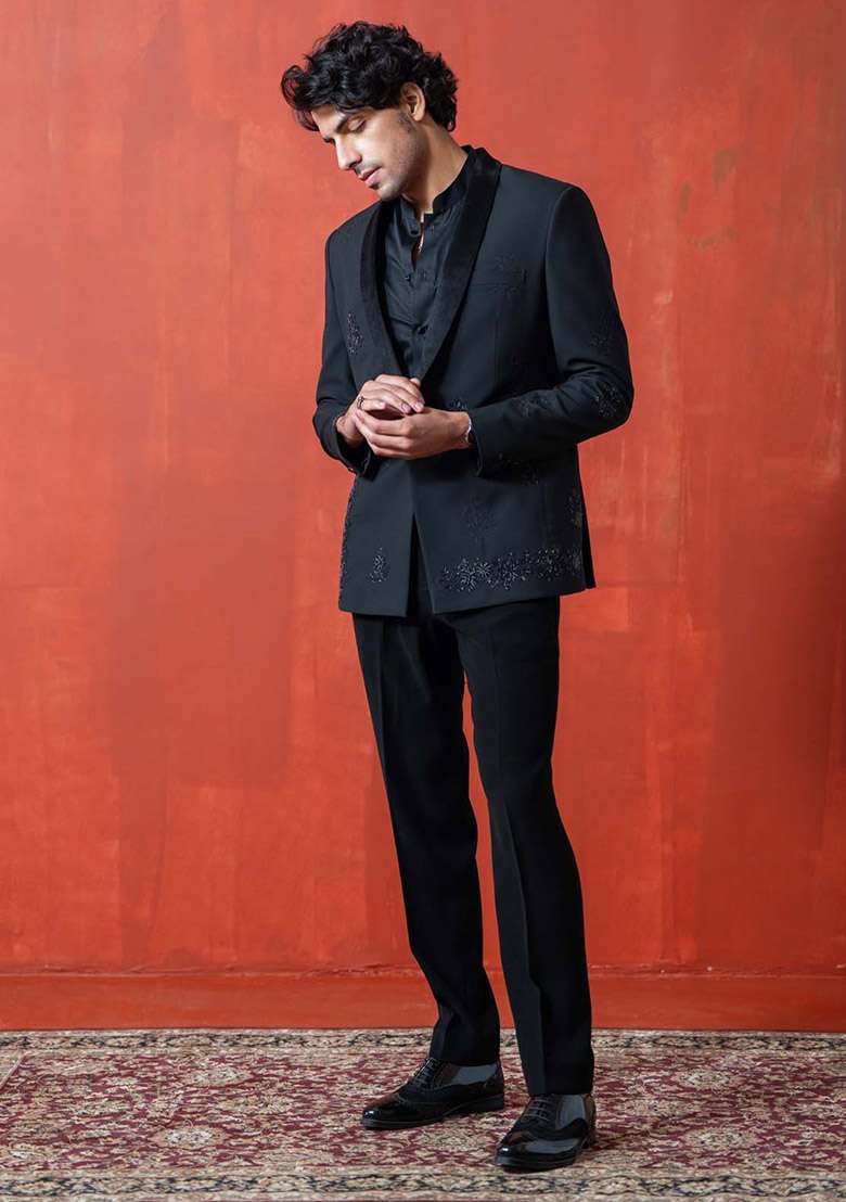 Black Zardozi Tuxedo For Men - Indya