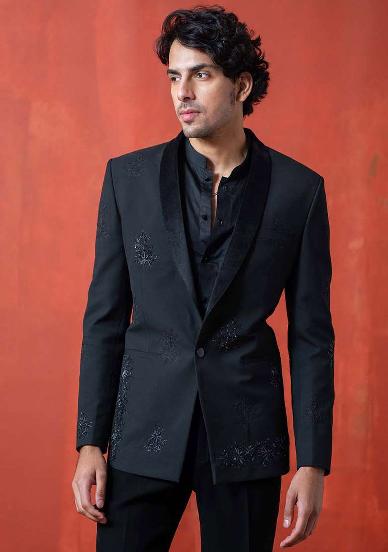 Black Zardozi Tuxedo For Men - Indya