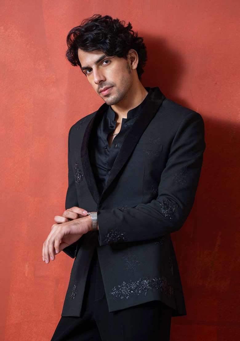 Black Zardozi Tuxedo For Men - Indya