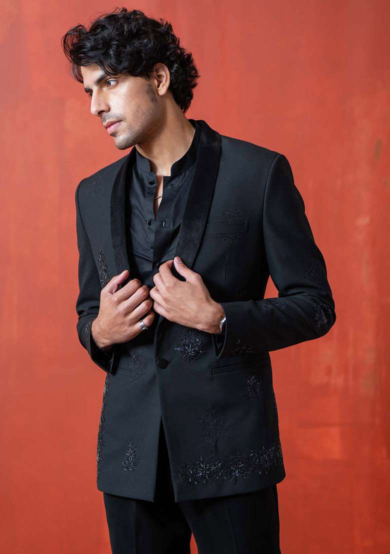 Black Zardozi Tuxedo For Men - Indya
