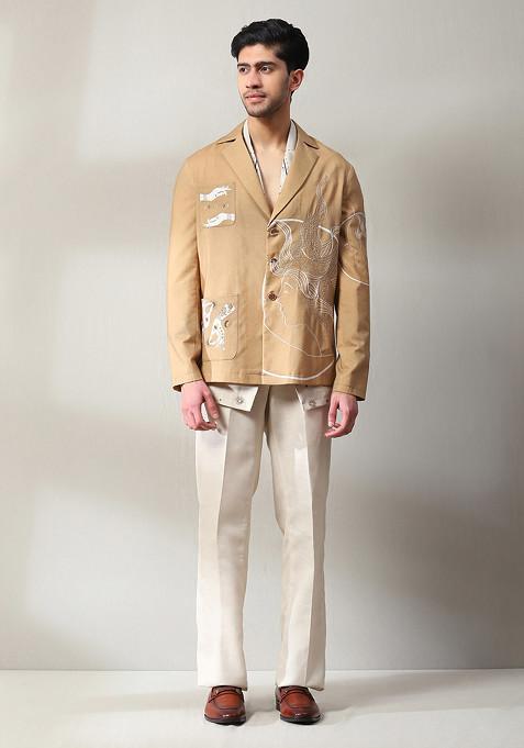 Cream And Yellow Embroidered Handloom Blazer Set For Men