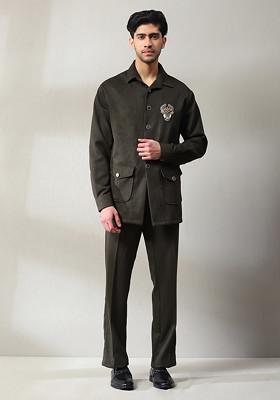 Dark Olive Green Velvet Blazer Set For Men