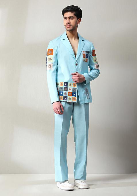 Light Blue Embroidered Cotton Blazer Set For Men