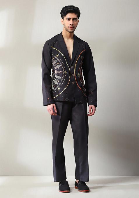 Black Embroidered Handloom Blazer Set For Men