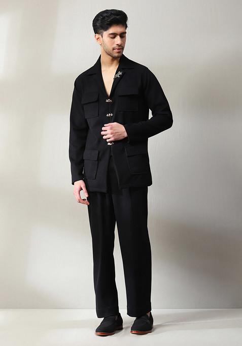 Black Suede Velvet Blazer Set For Men