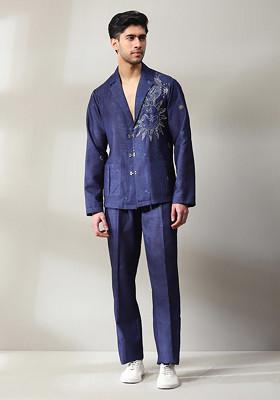 Violet Embroidered Suede Velvet Blazer Set For Men