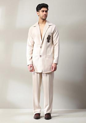 Ivory Embroidered Suede Velvet Blazer Set For Men