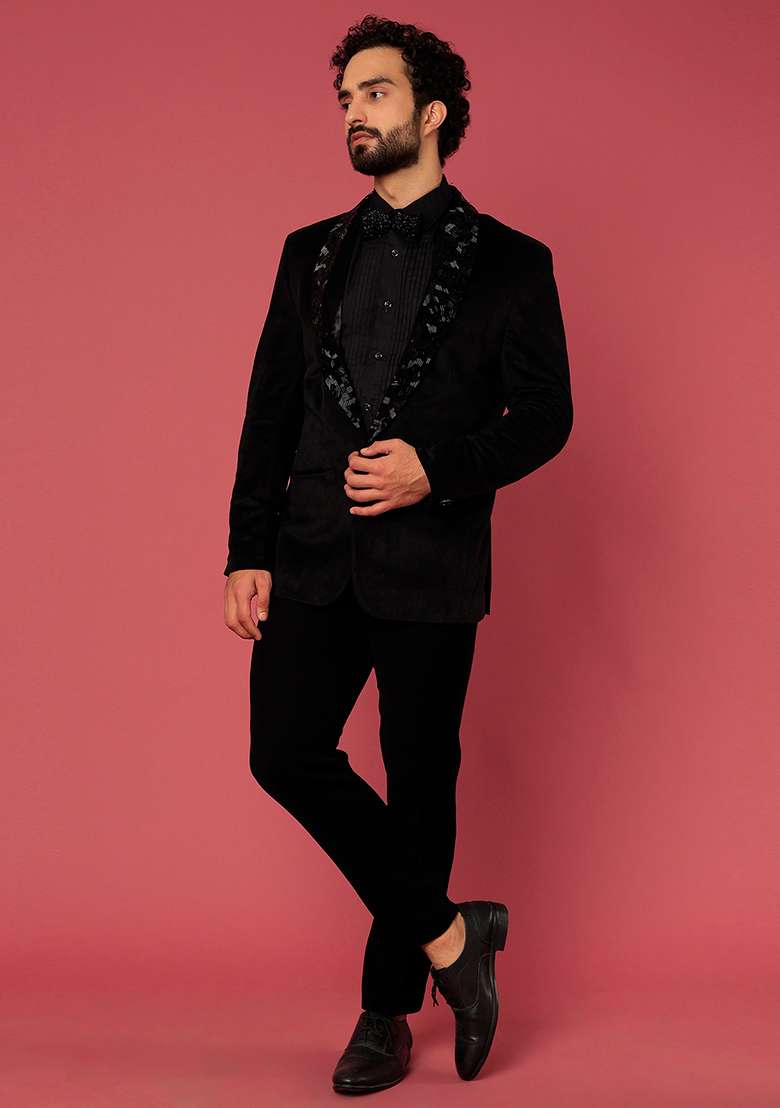Black Classic Satin Tuxedo For Men - Indya