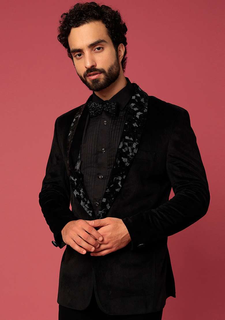 Black Classic Satin Tuxedo For Men - Indya