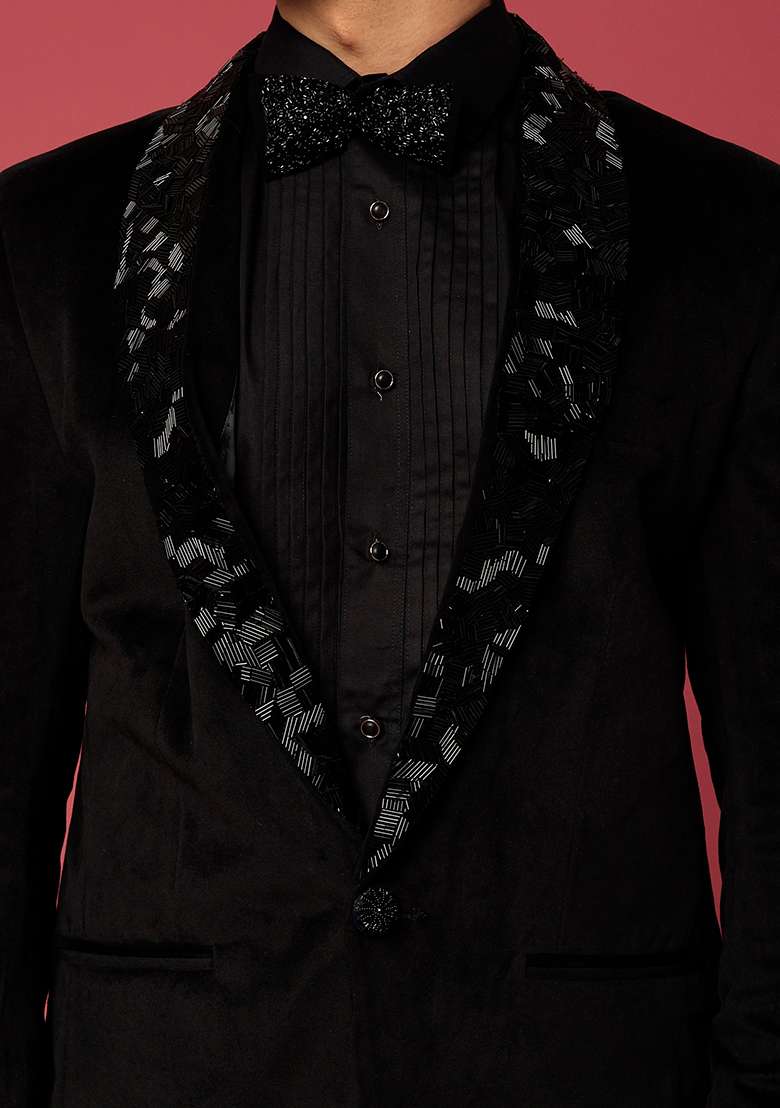 Black Classic Satin Tuxedo For Men - Indya