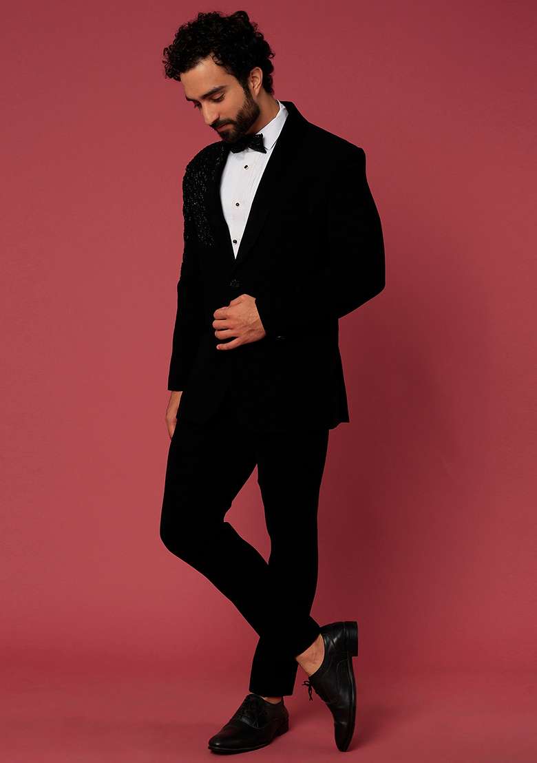 Black Classic Satin Shawl Tuxedo For Men - Indya
