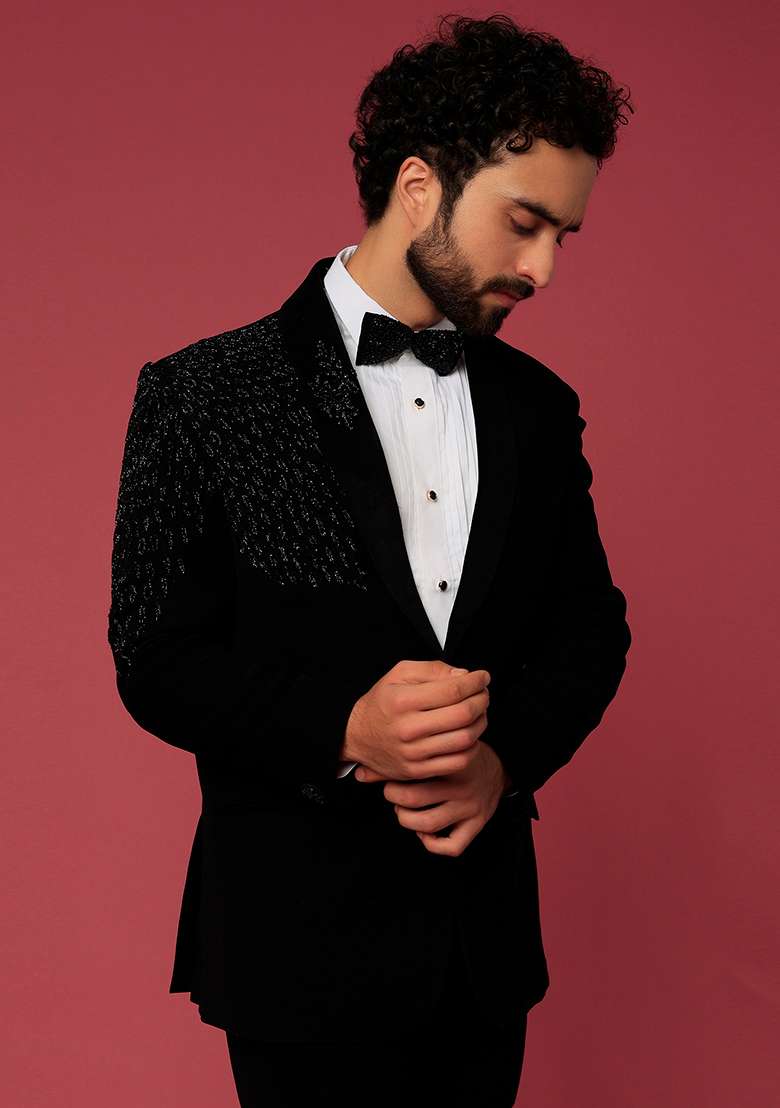 Black Classic Satin Shawl Tuxedo For Men - Indya
