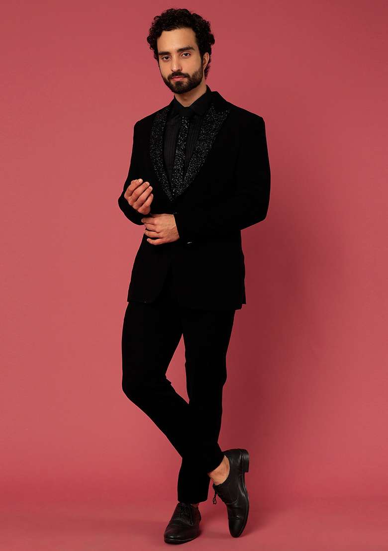 Black Satin Tuxedo For Men - Indya