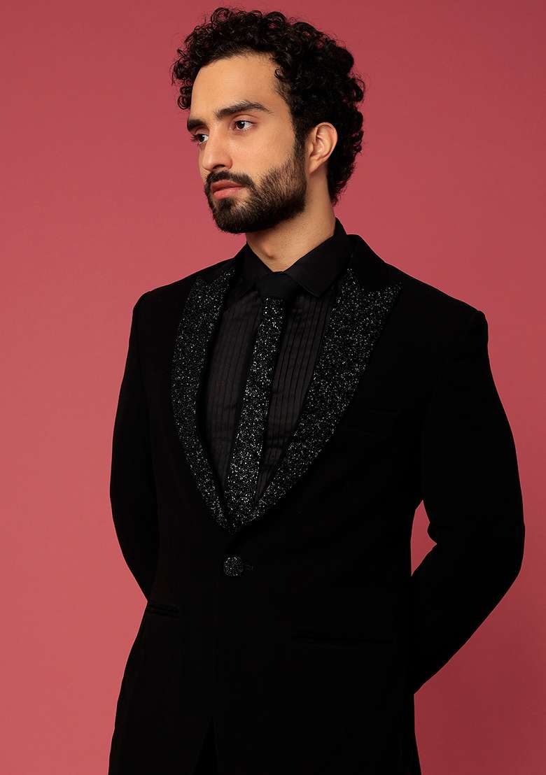 Black Satin Tuxedo For Men - Indya