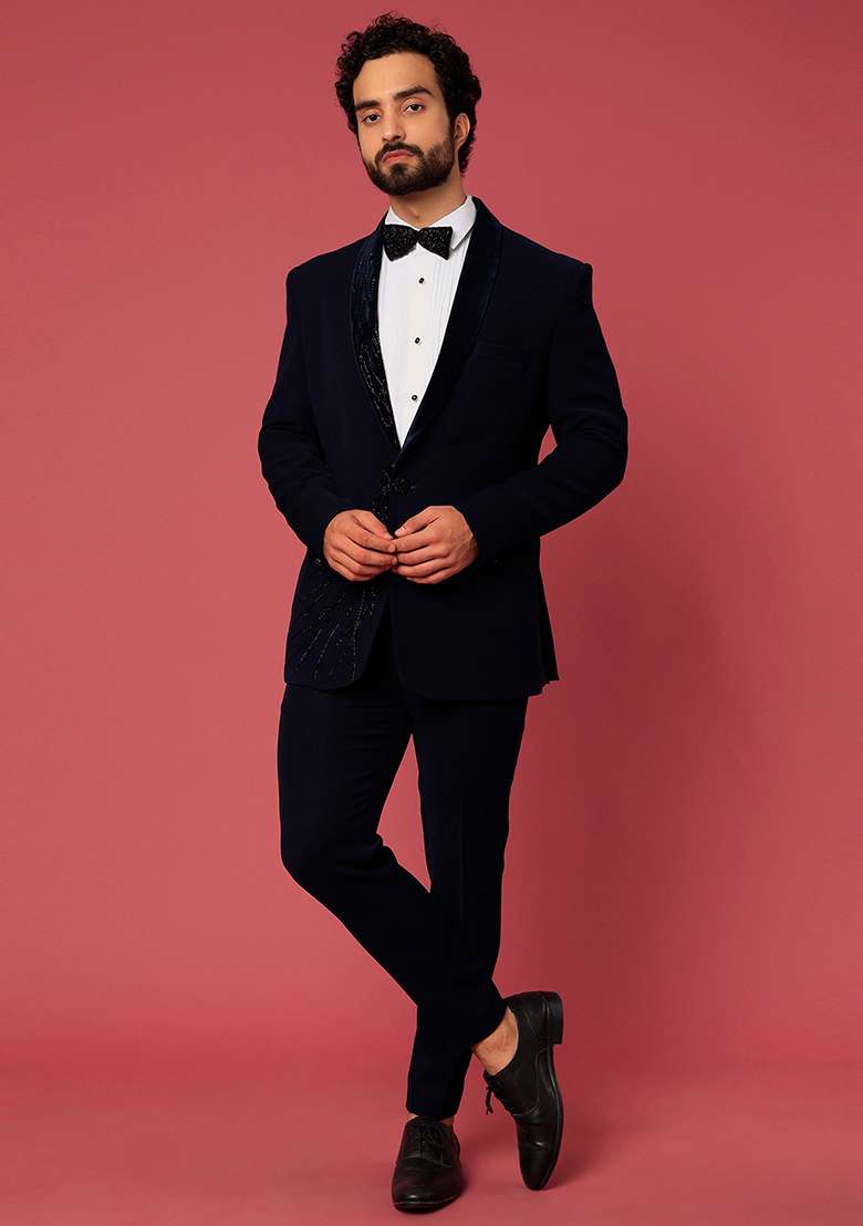 Navy Blue Satin Tuxedo For Men - Indya