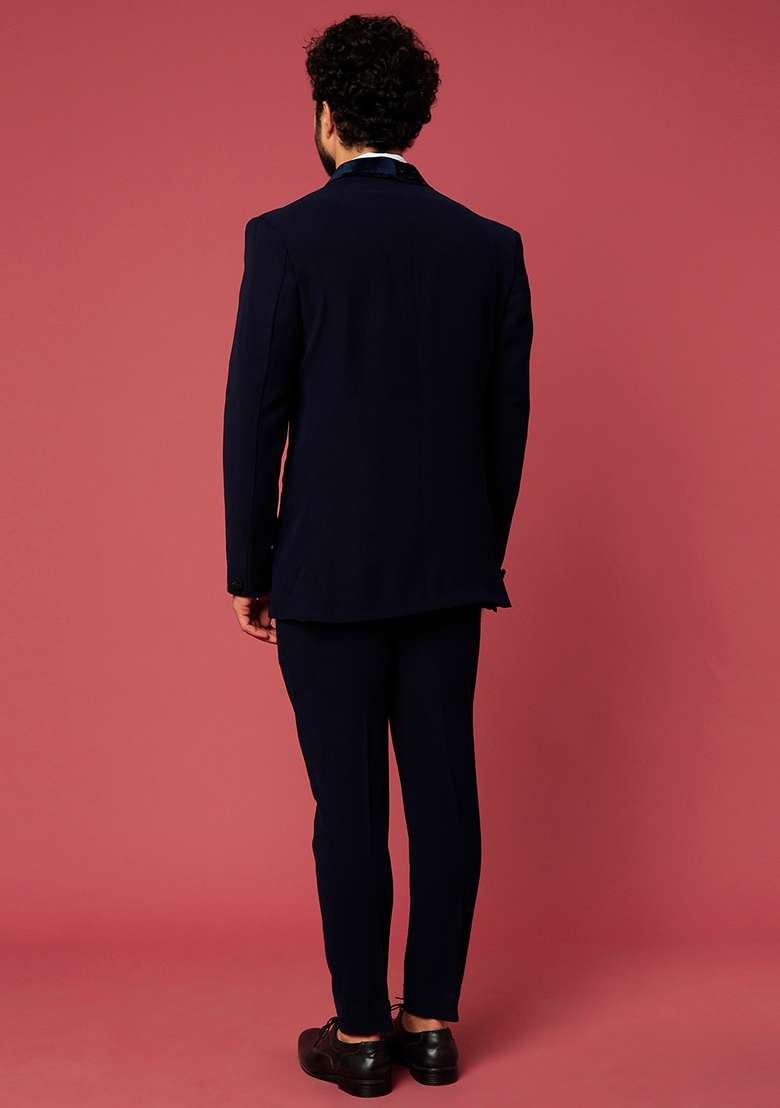 Navy Blue Satin Tuxedo For Men - Indya