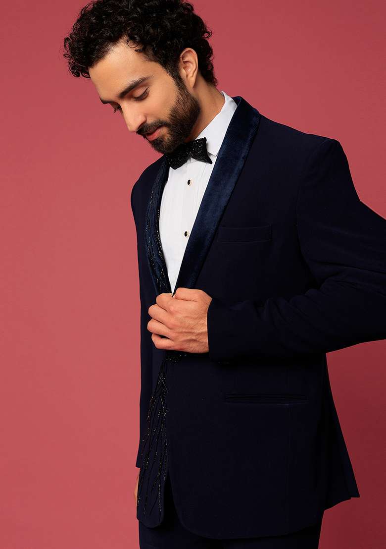 Navy Blue Satin Tuxedo For Men - Indya
