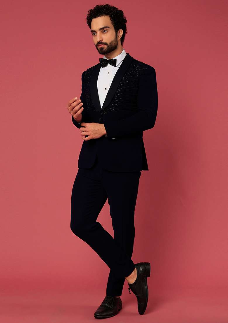 Navy Blue Satin Shawl Tuxedo For Men - Indya