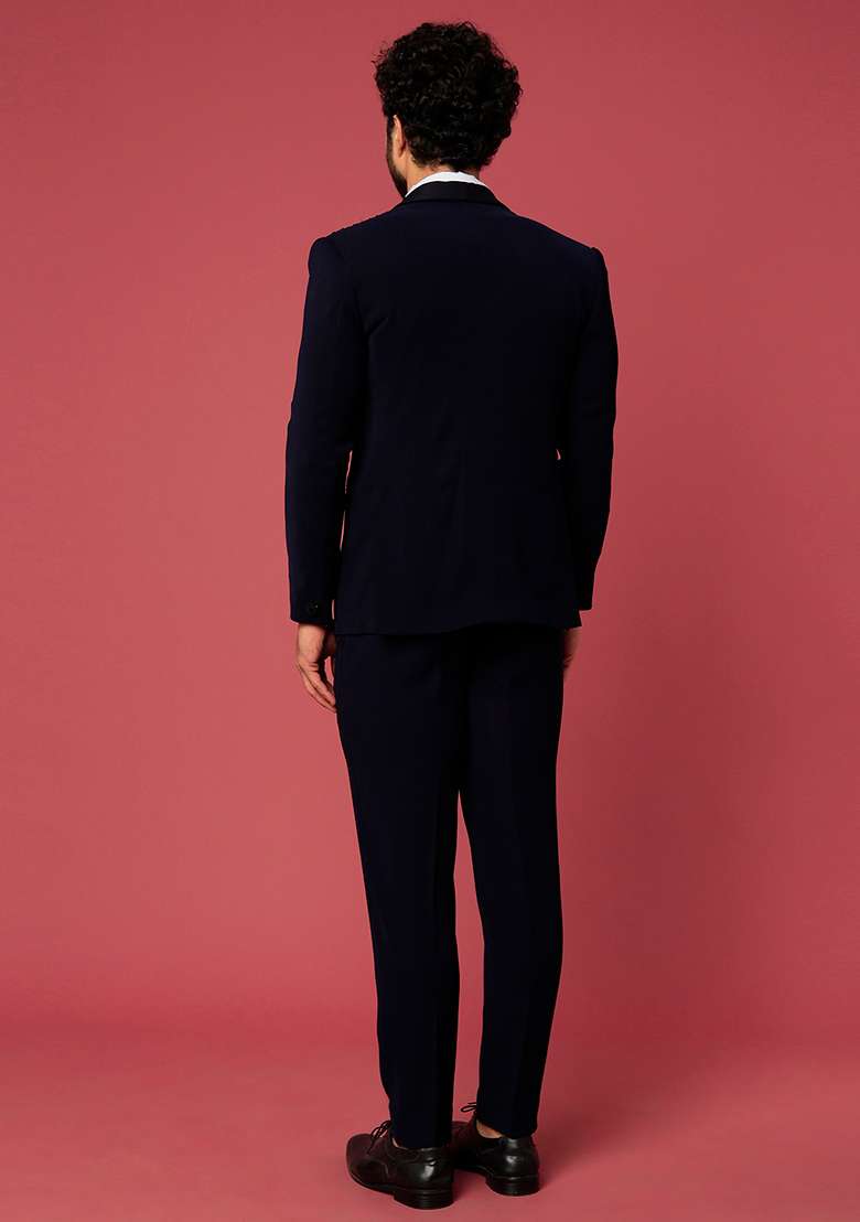 Navy Blue Satin Shawl Tuxedo For Men - Indya