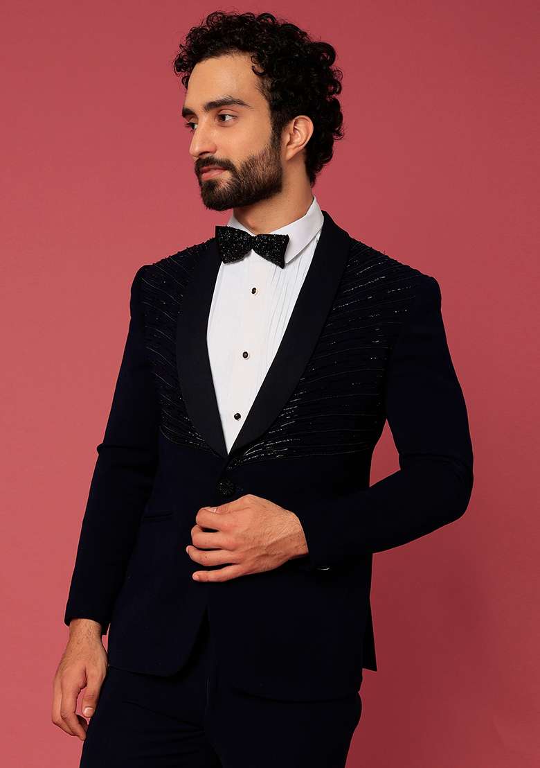 Navy Blue Satin Shawl Tuxedo For Men - Indya