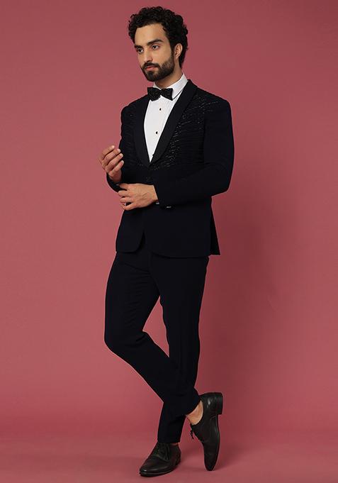 Navy Blue Satin Shawl Tuxedo For Men